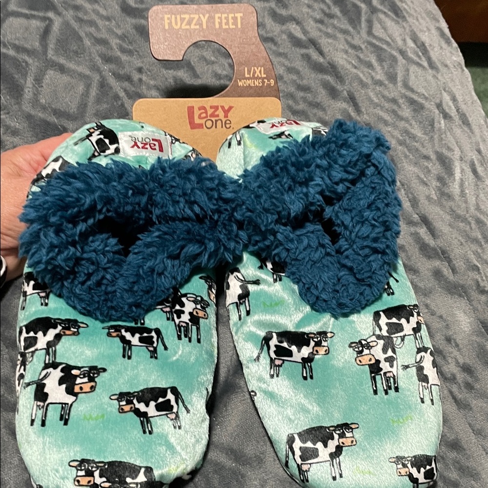 Lazy One Teal Cow Print Slippers